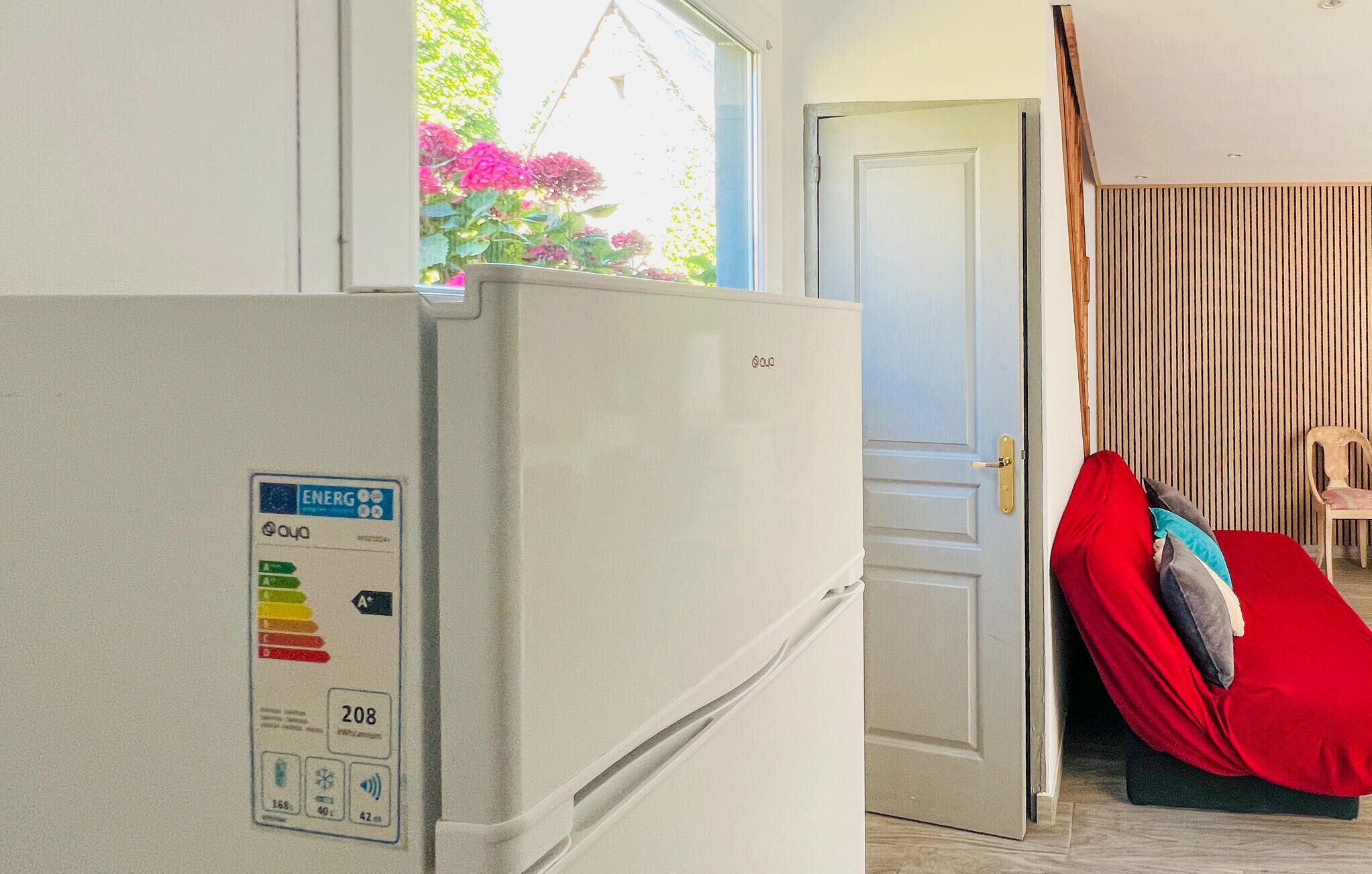A white refrigerator with an energy efficiency label, a closed door, and a red cushion on the floor.