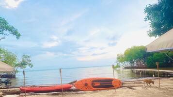 On the beach, black sand, beach shuttle, sun-loungers
