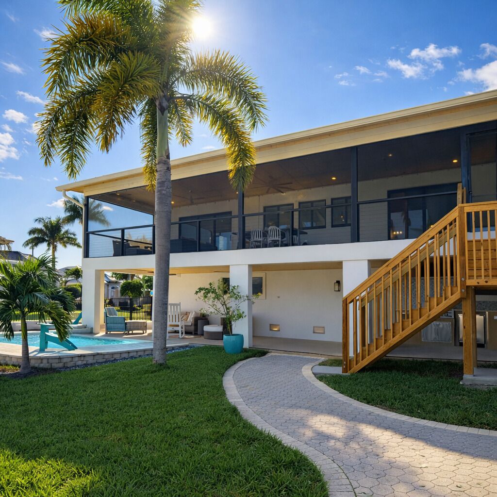 A modern two-story building with a pool, outdoor seating, and a staircase leading to the upper level.