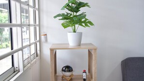 Una habitación con ventana, una planta en maceta sobre una estantería de madera, un globo decorativo y una botella.