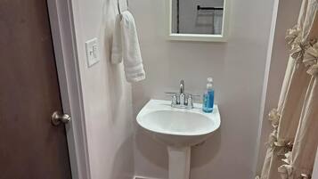 Shower, towels, soap, toilet paper