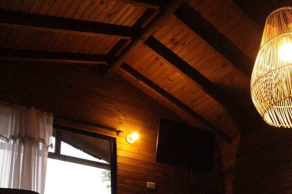 A room with a wooden ceiling, a bed with a patterned bedspread, a chair, and a large window with curtains.