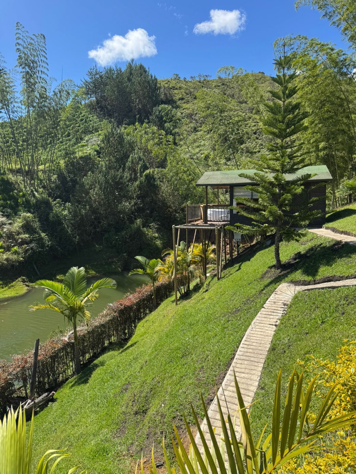 A wooden structure with a roof, surrounded by lush greenery and a clear sky.