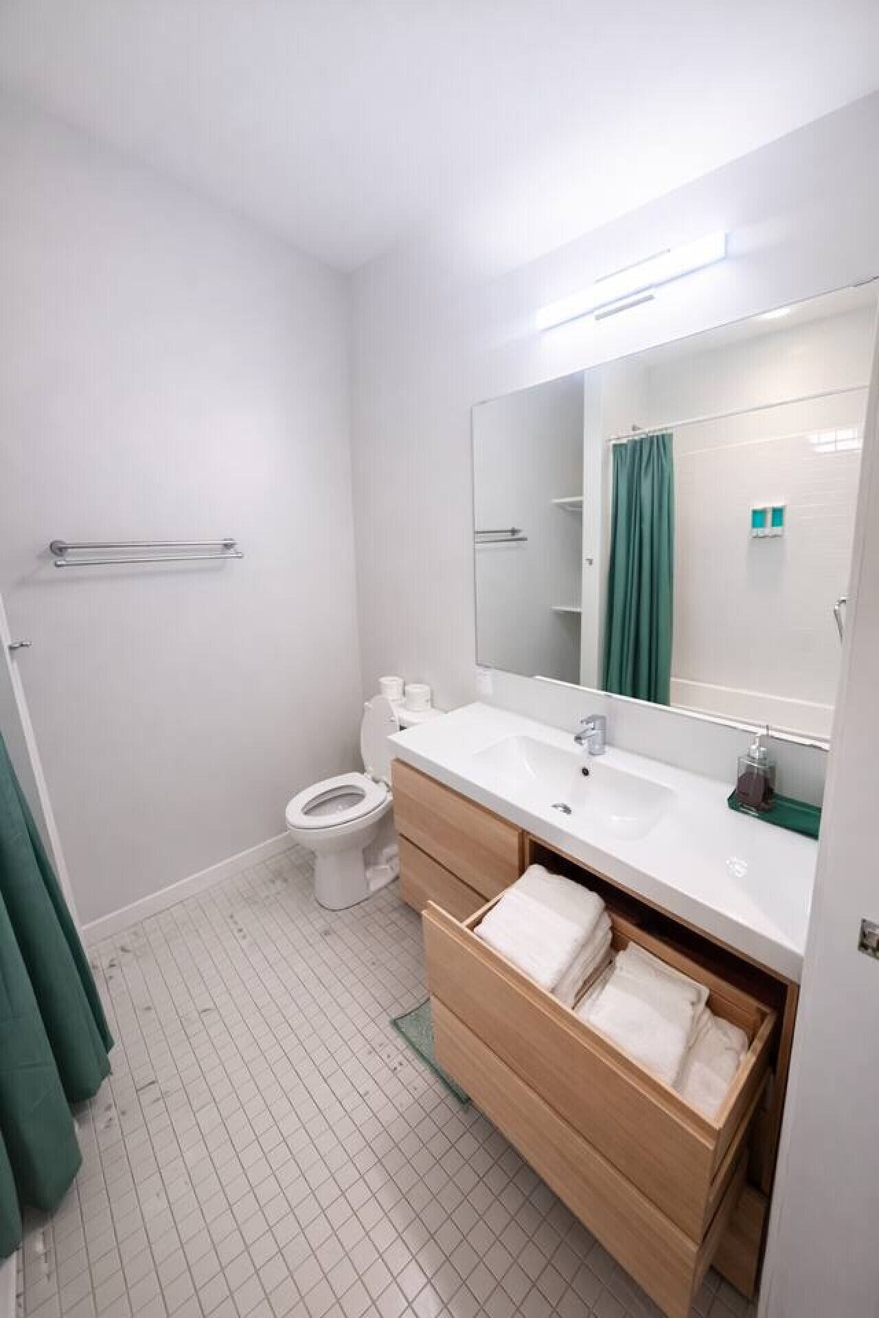 A bathroom with a toilet, sink, mirror, and towel storage.