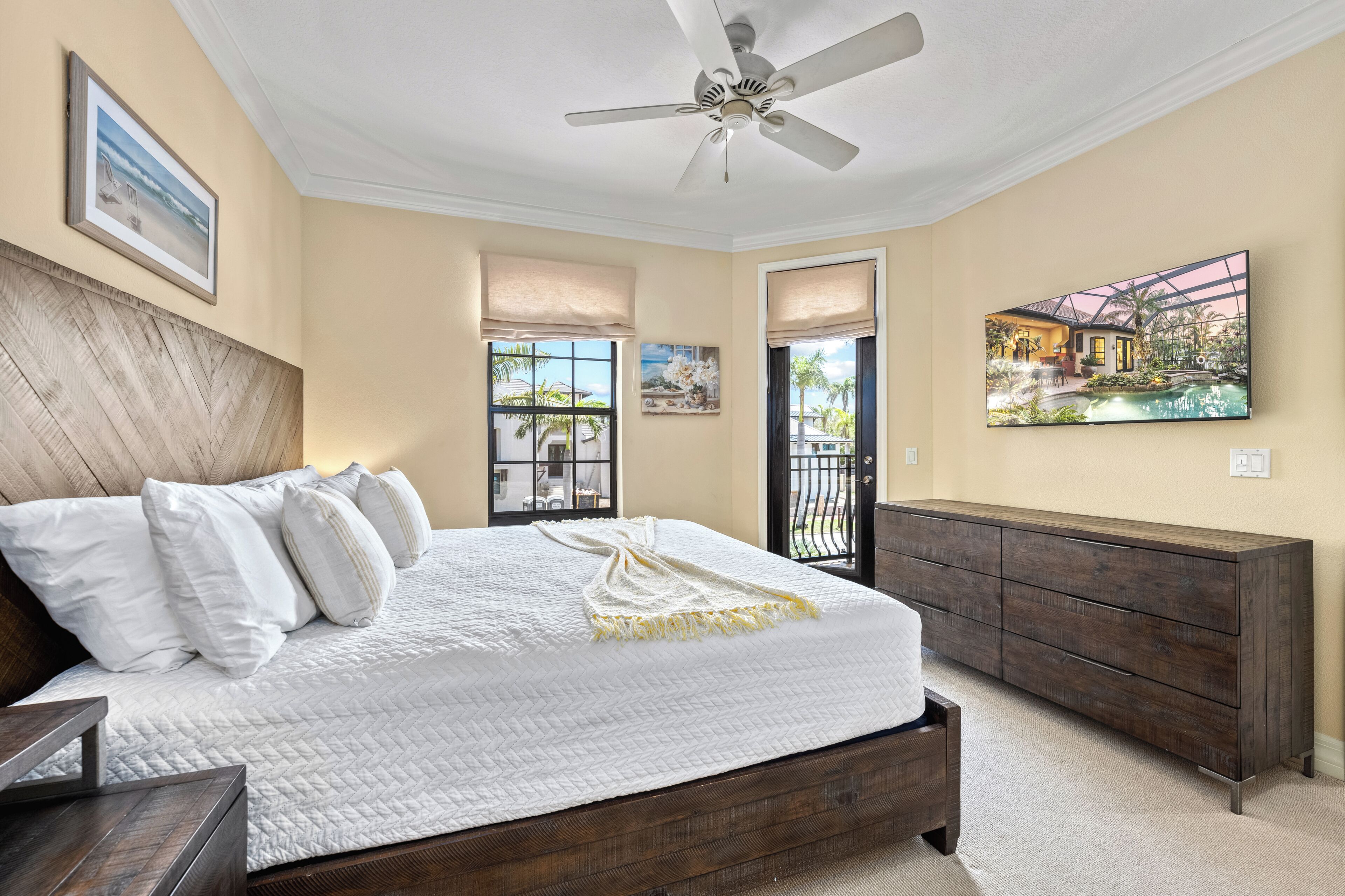 The bedroom features a simple, relaxing design and ample space.
