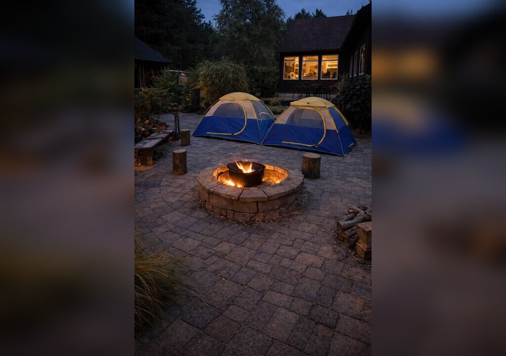 Two tents set up on a paved area with a fire pit in the center.