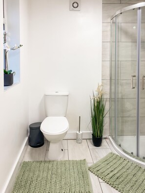 Shower, towels, soap, toilet paper