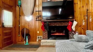 Smart TV, fireplace, books, stereo