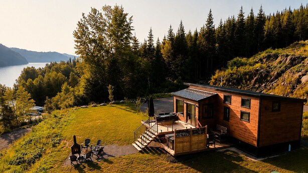 A cabin with a deck and outdoor seating, surrounded by a forest and a lake.