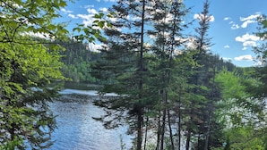 A gravel path leading to a wooden picnic table by a lake surrounded by trees.