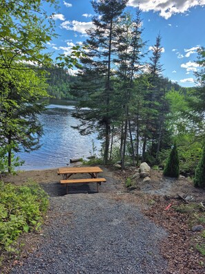 En grusgång leder fram till ett picknickbord av trä vid en sjö som omges av träd.