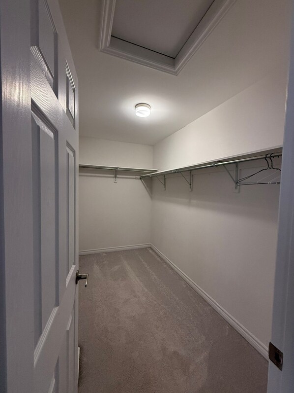 A narrow hallway with a door on the left, a closet with shelves on the right, and a skylight above.