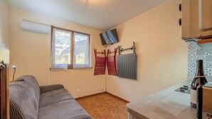 Een kleine kamer met een bank, een flatscreen-televisie, een radiator en een keukenhoek met een broodrooster.