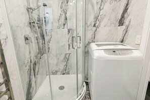 Hair dryer, towels, soap, toilet paper