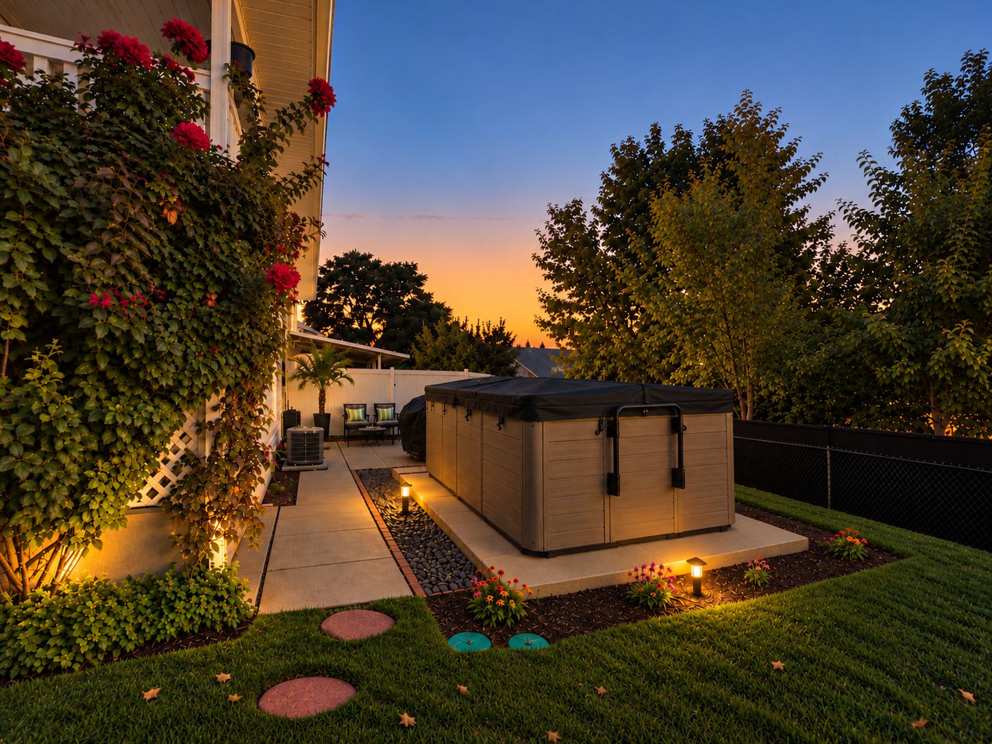 A backyard with a hot tub, a patio with chairs, and a well-maintained lawn.