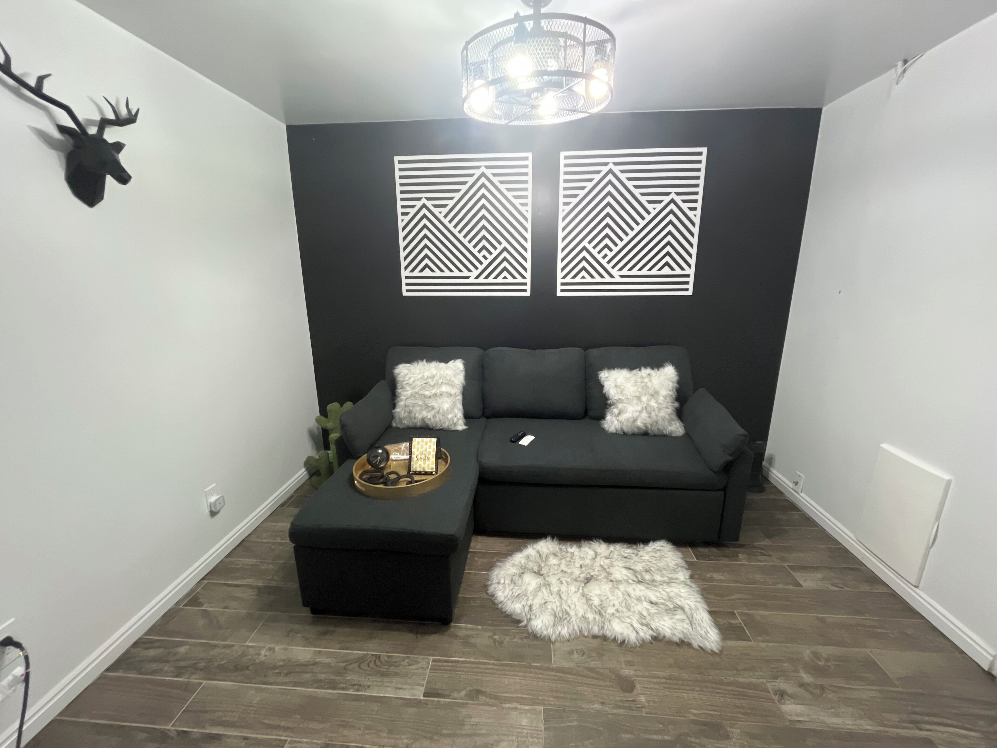 Een smart-tv, een open haard, boeken en een stereo