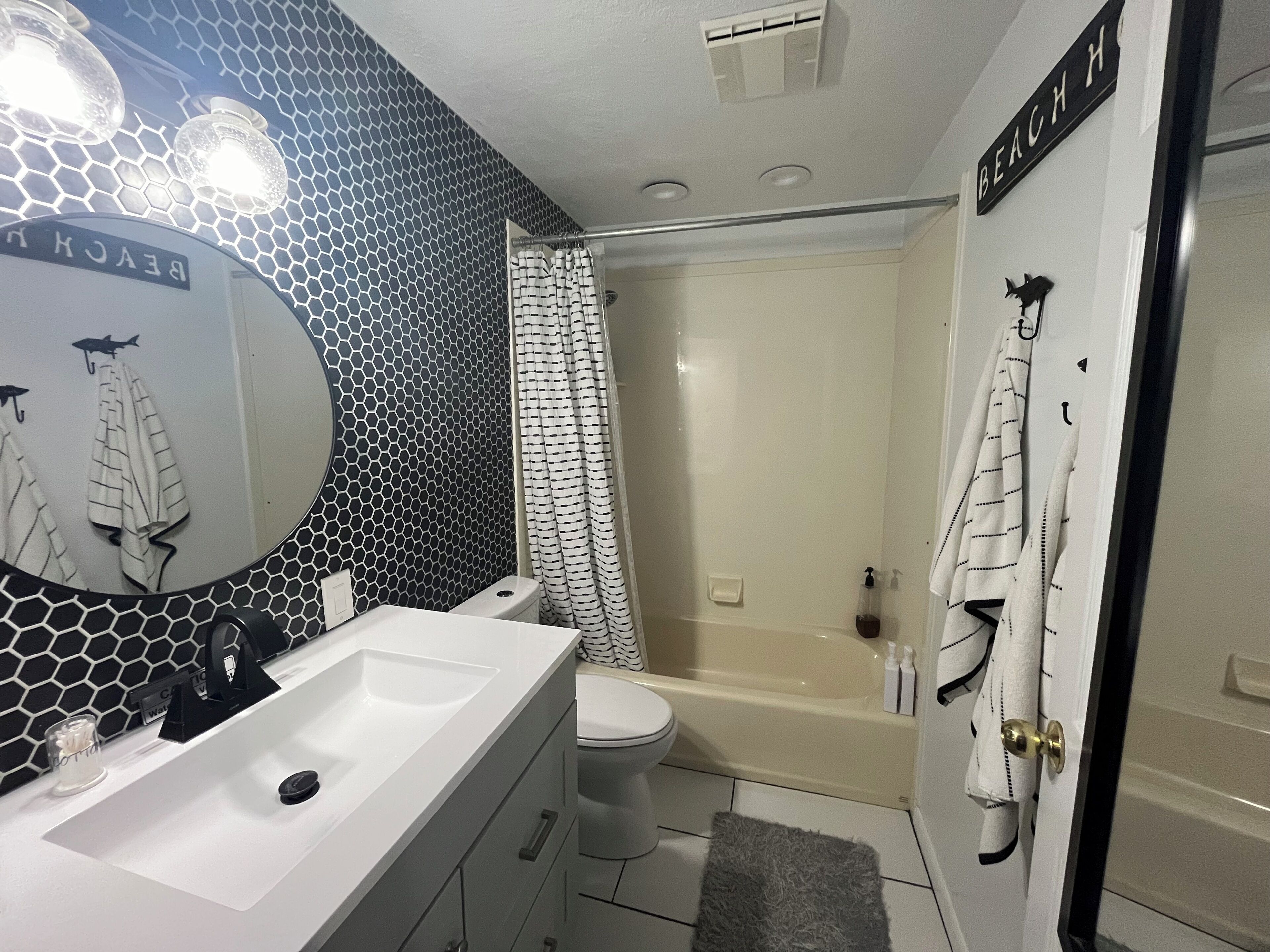 Hair dryer, towels, toilet paper