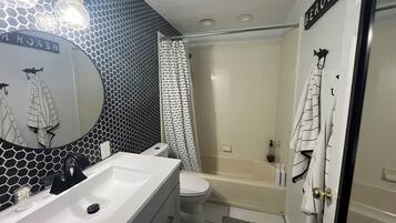 Hair dryer, towels, toilet paper