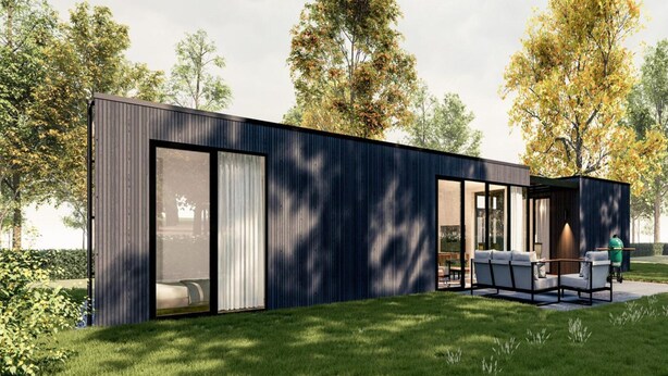 A modern building with large sliding glass doors, a patio with outdoor seating, and a well-maintained lawn. - Spacious Home by Palette Resort De-steppe (Ulicoten)