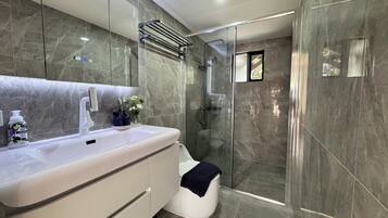 Shower, hair dryer, towels, soap