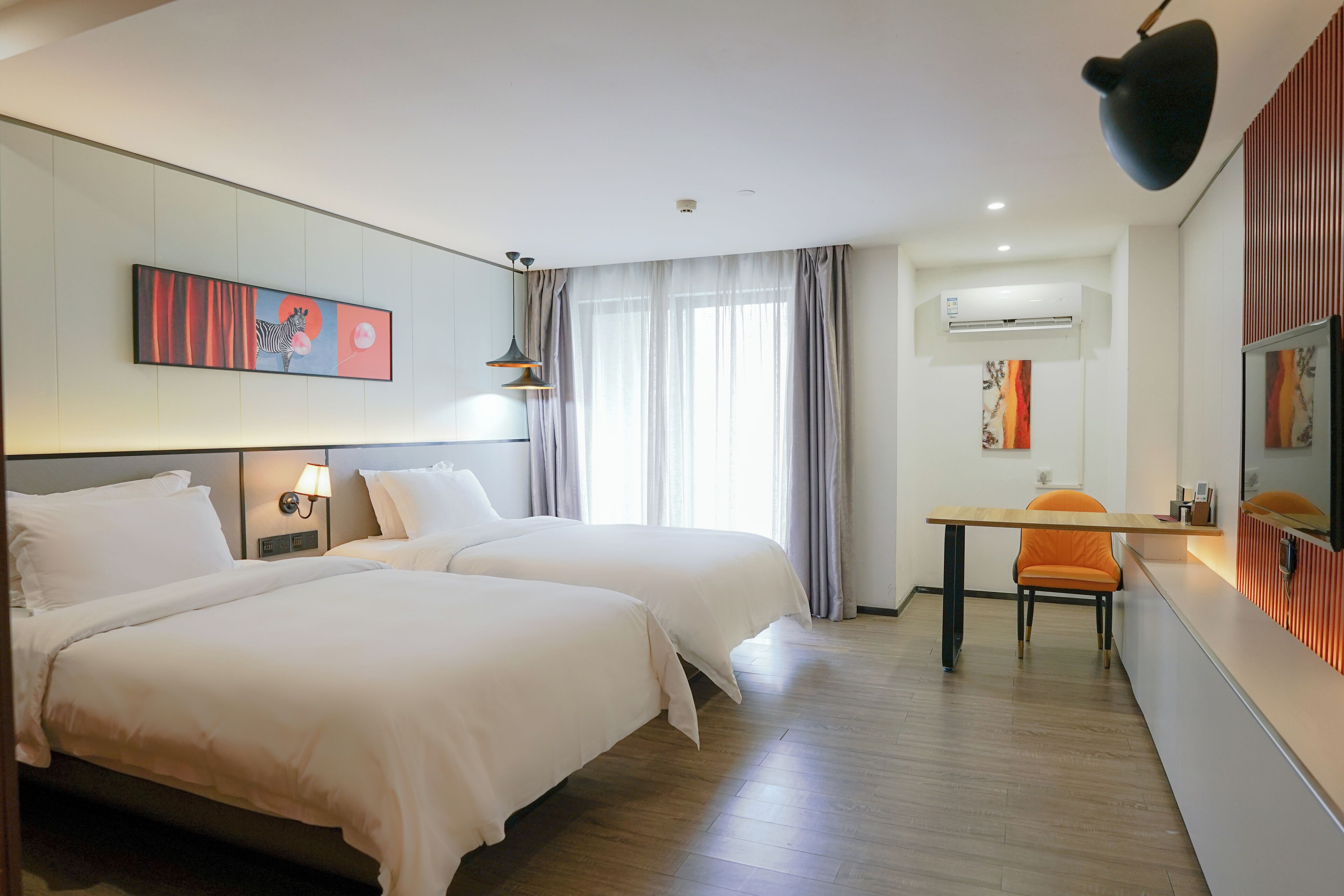 Desk, blackout curtains, soundproofing, iron/ironing board