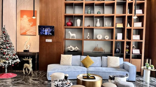 Un salon moderne avec un canapé bleu clair, des coussins décoratifs et une étagère en bois remplie de divers objets.