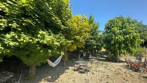 Un jardín con una hamaca, mobiliario exterior y árboles.