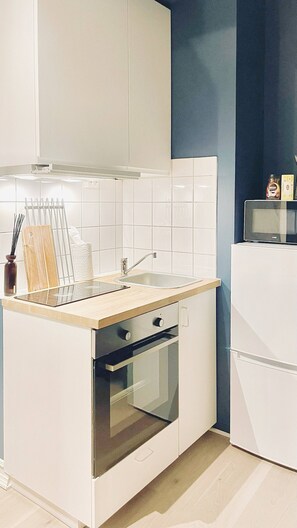 Kühlschrank, Ofen, Herdplatte, Wasserkocher mit Kaffee-/Teezubehör