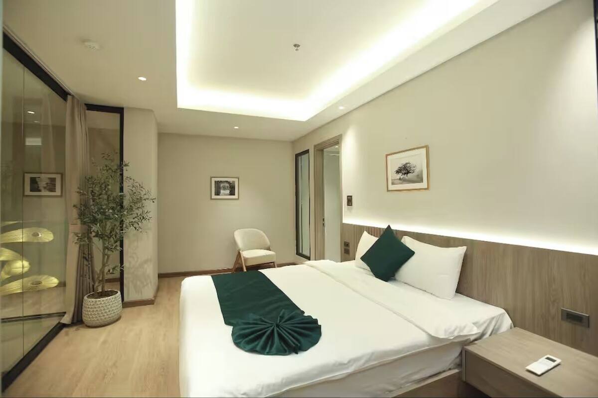 A modern hotel room with a large bed, bedside table, and a potted plant.