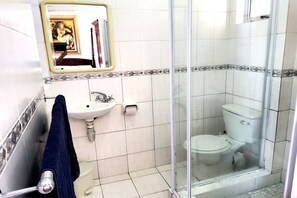 Ducha, cabezal de ducha con hidromasaje, secador de pelo, toallas
