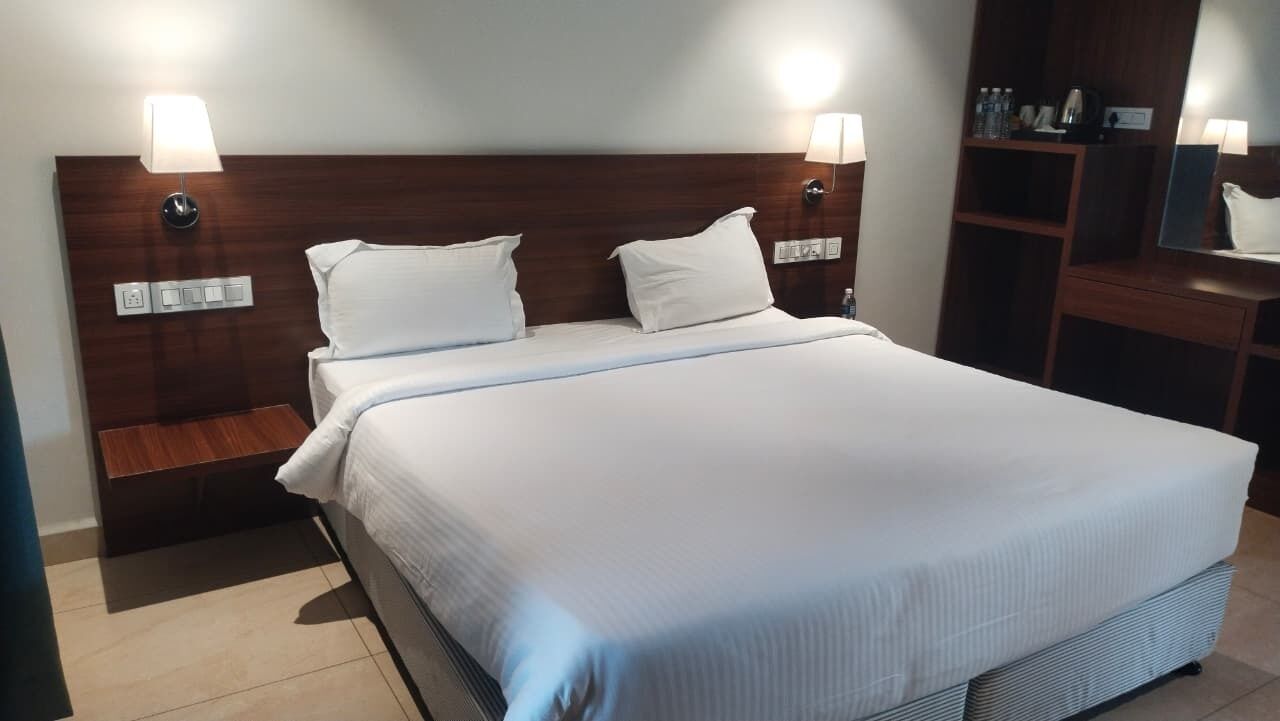 Desk, laptop workspace, blackout curtains, iron/ironing board