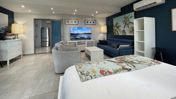Une chambre d’hôtel moderne équipée d’un lit, d’un canapé, d’une télévision, d’un bureau et d’une armoire.