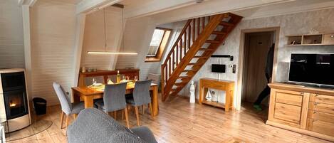TV, fireplace, DVD player, books