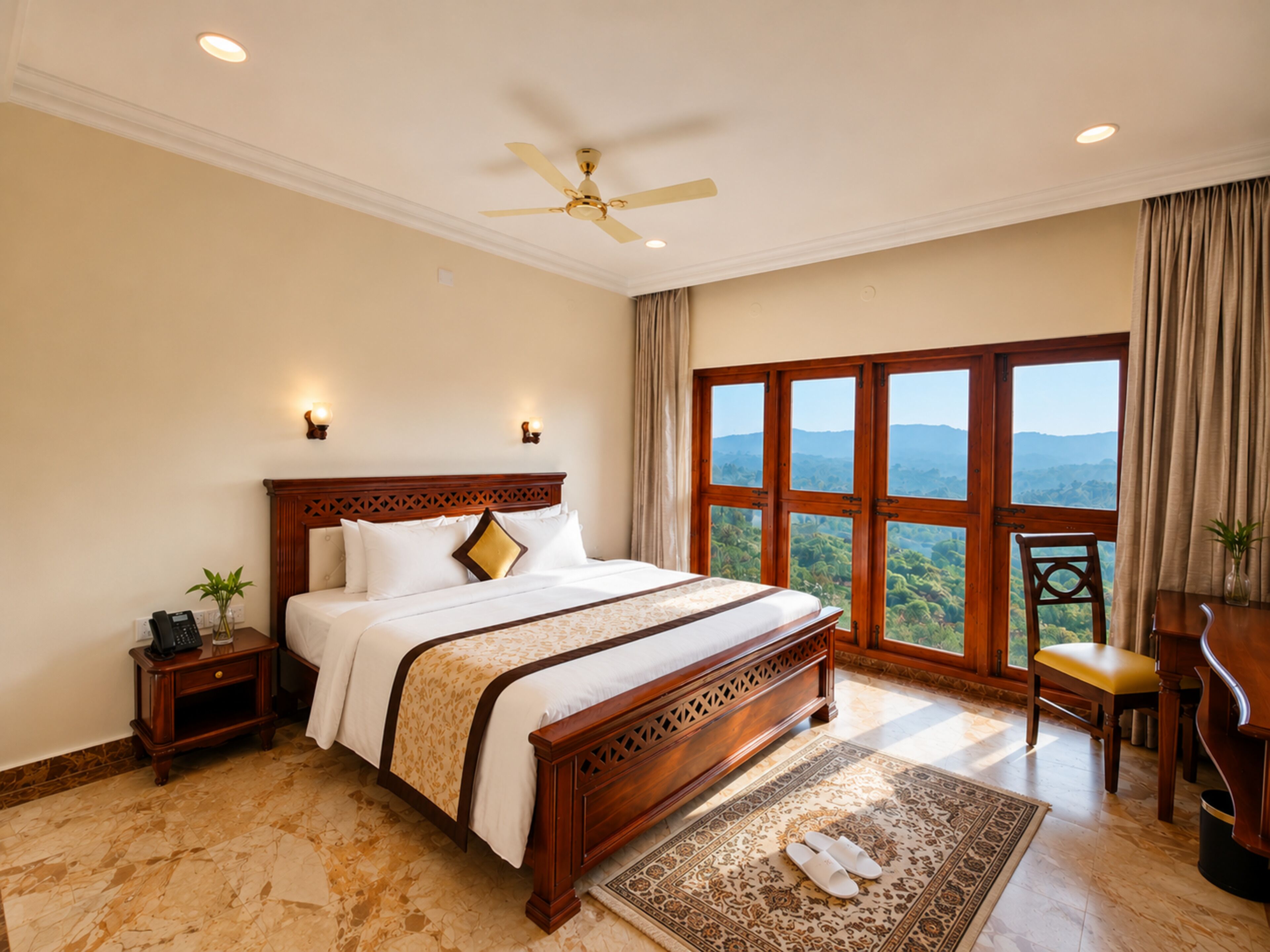 Quarto de hotel com uma cama grande, um ventilador de teto, vista para as montanhas, mesa de cabeceira de madeira e uma escrivaninha com cadeira.