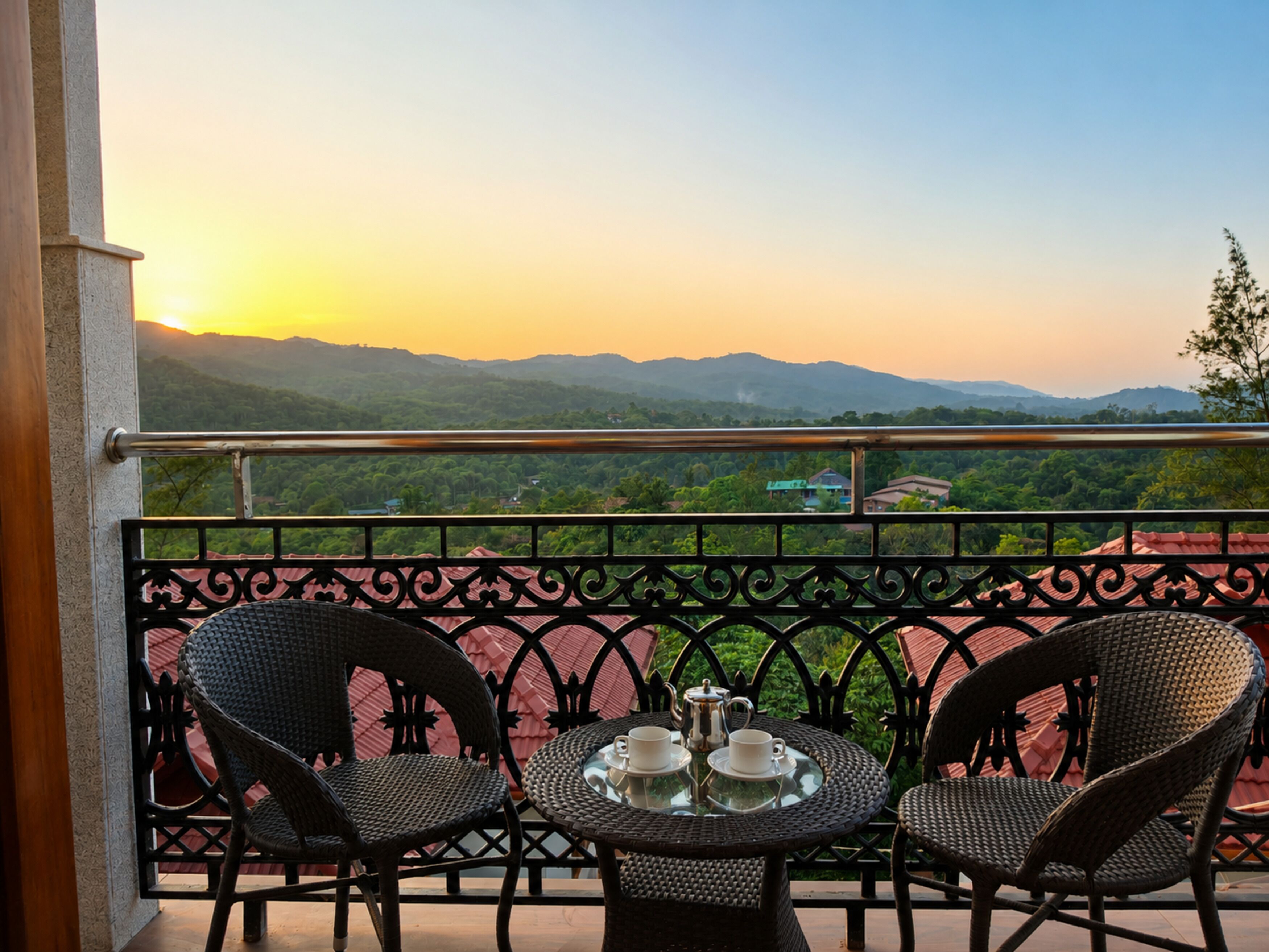 A balcony with two wicker chairs and a small round table, overlooking a mountainous landscape.