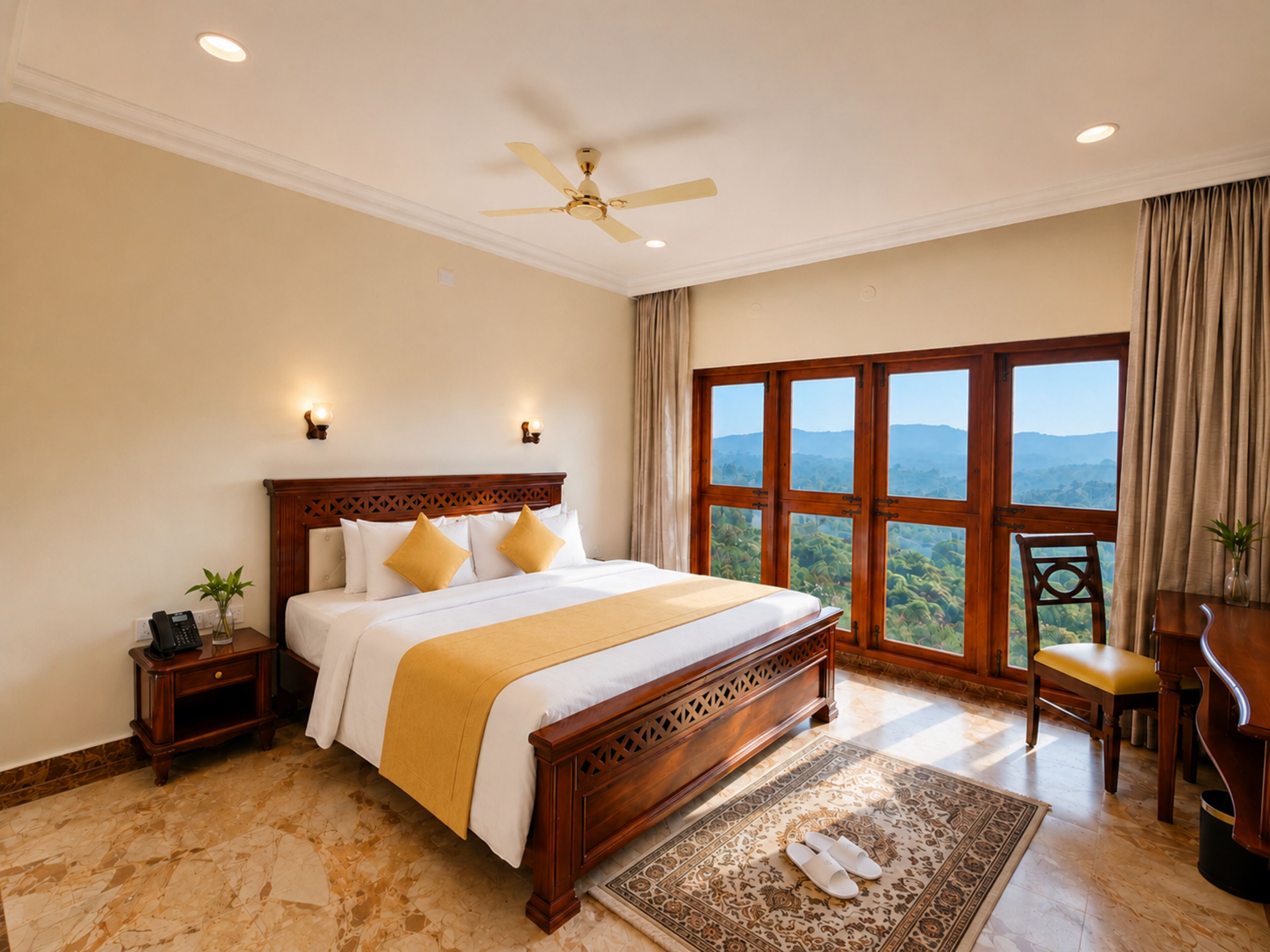 A hotel room with a large bed, a ceiling fan, a view of the mountains, a wooden desk, and a chair.