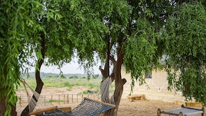 A hammock under a tree, a wooden bench, and a stone wall in a natural setting. - DREAMTIME BUNGALOW (Jaisalmer)