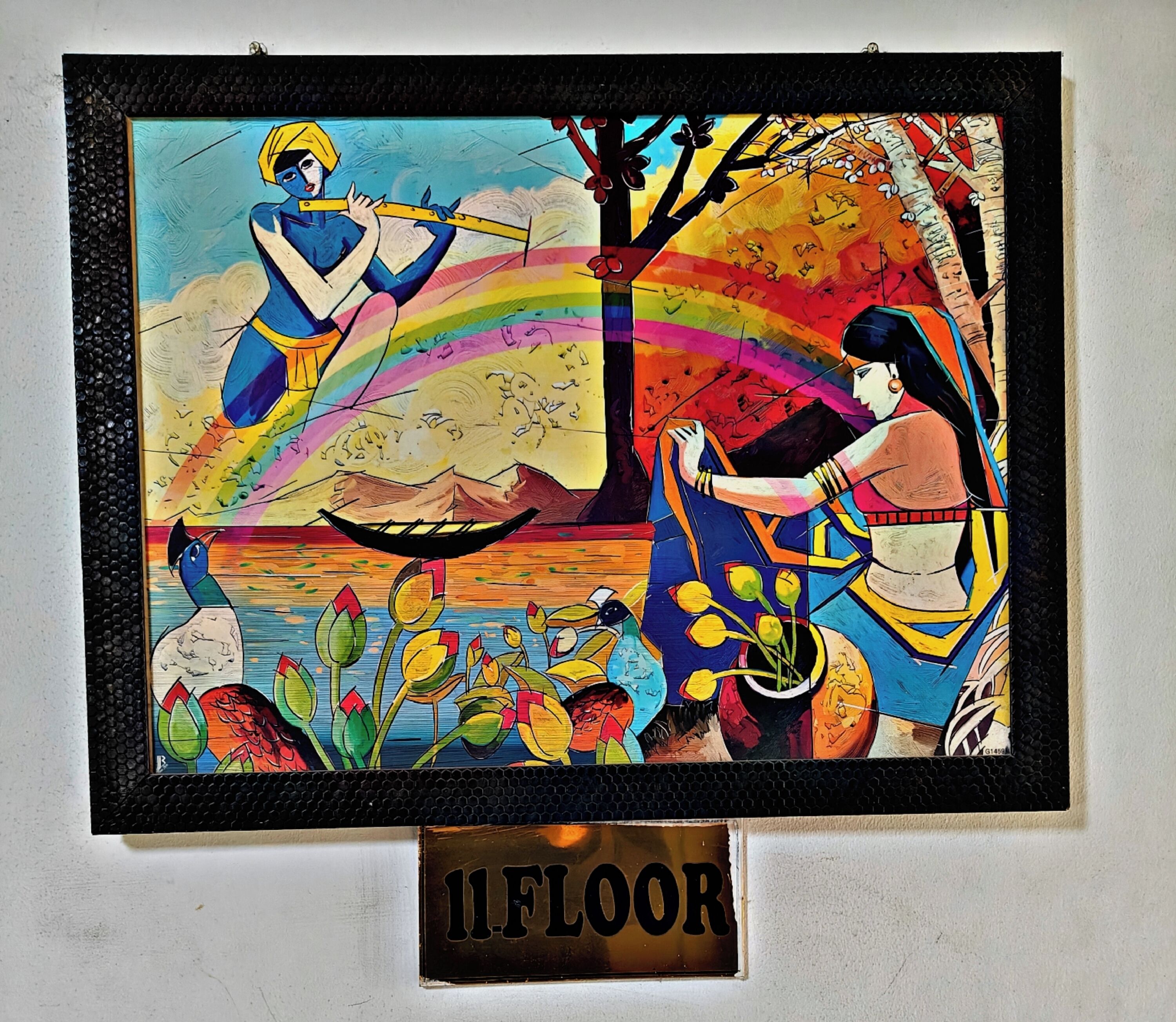 Uma pintura colorida com uma pessoa tocando flauta, outra pessoa sentada perto de uma árvore e um barco com flores.