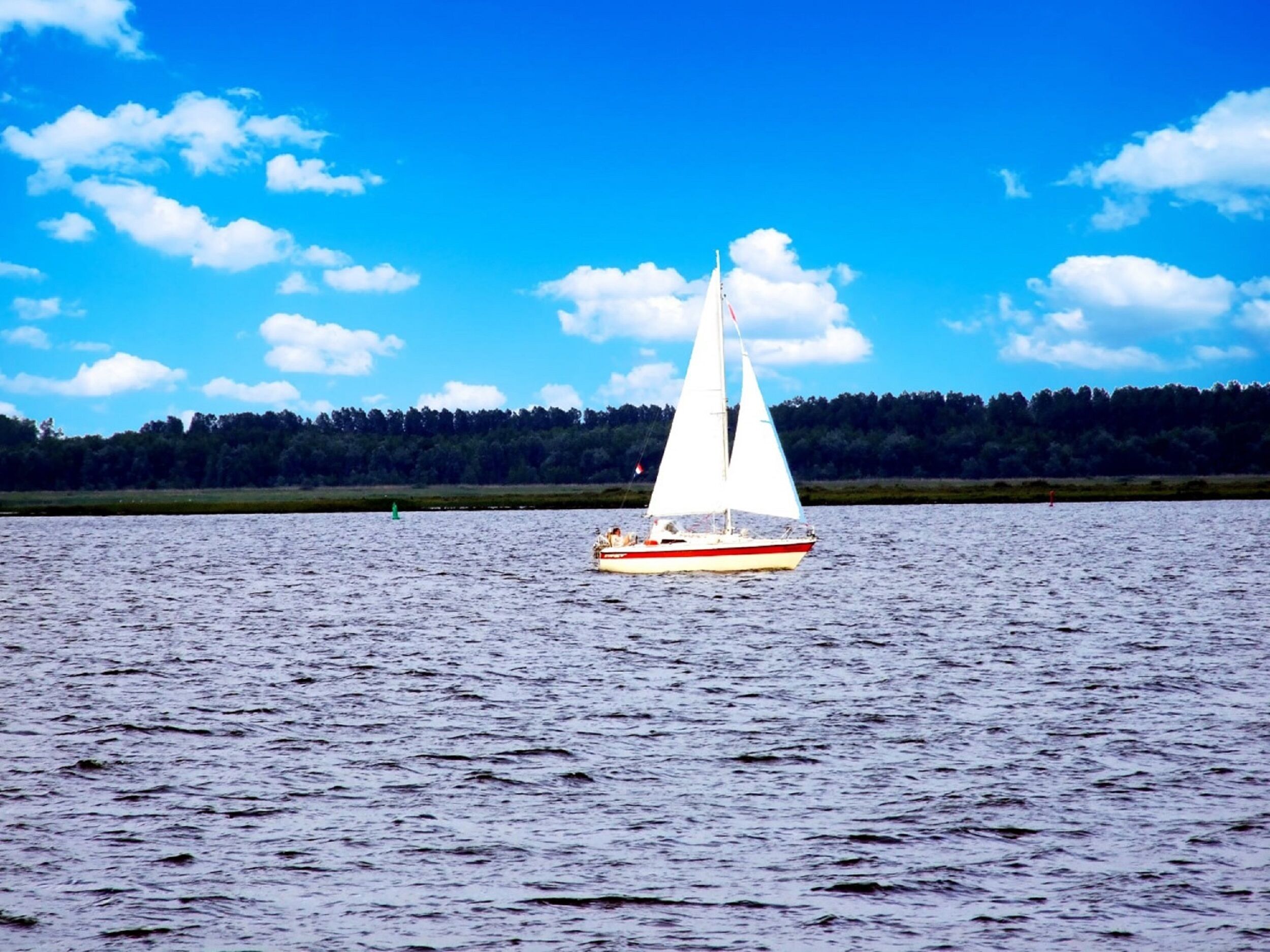 Een zeilboot op een meer met een bebost oever in de verte.