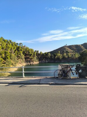 A bicycle parked by a railing overlooking a calm lake with a forested hillside in the background. - Casacasini 1A Charming 1-bedroom house with AC ,Balcony & Terrace in Málaga (Málaga)