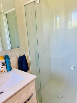 Hair dryer, towels, soap, toilet paper