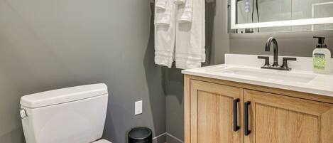 A bathroom with a toilet, a sink, a mirror, and a cabinet.