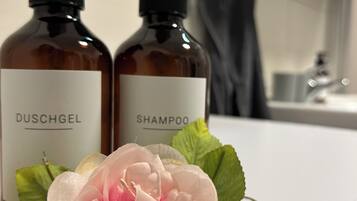 Dusche, Haartrockner, Handtücher, Seife