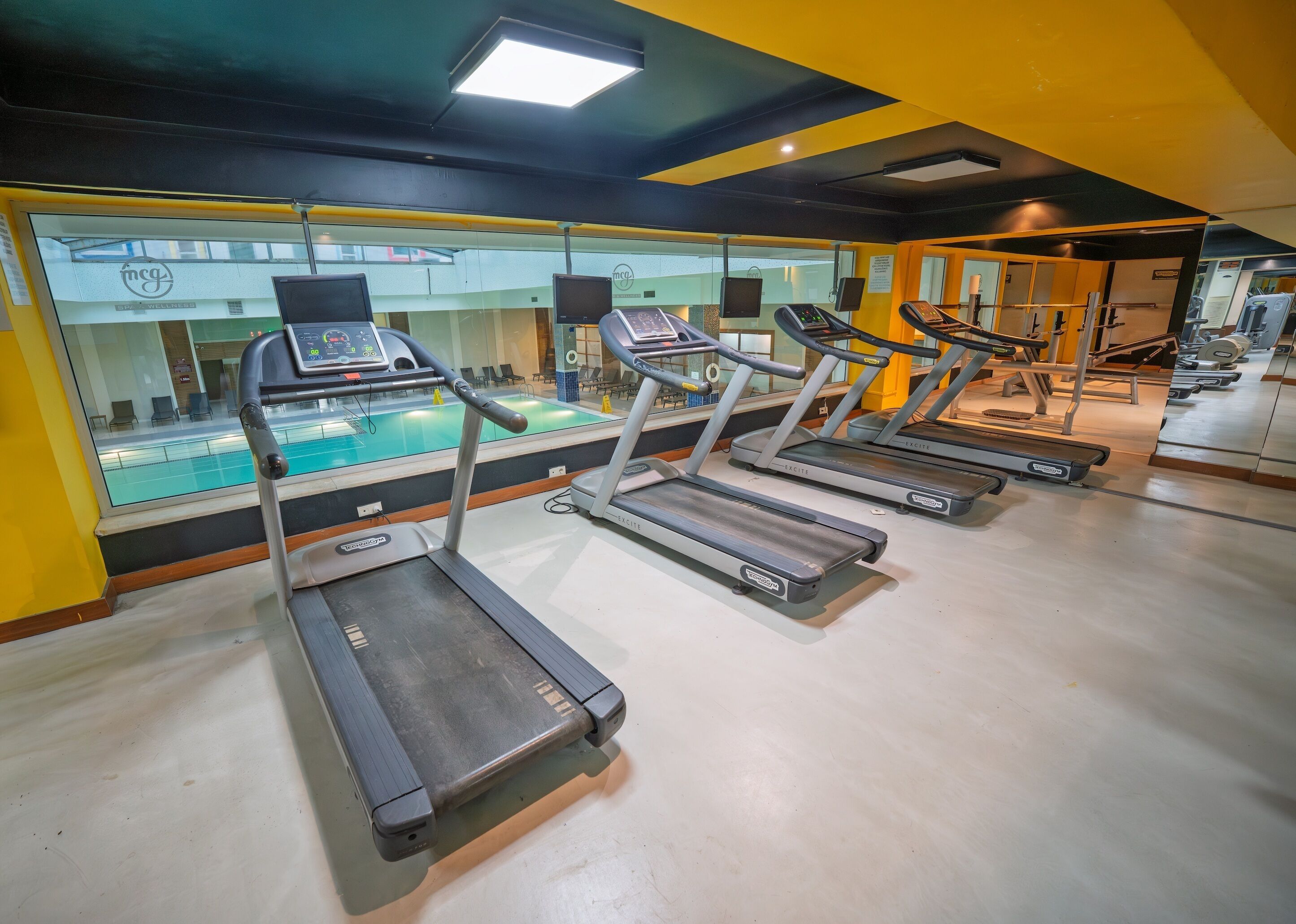 A gym with treadmills, a pool, and exercise equipment.