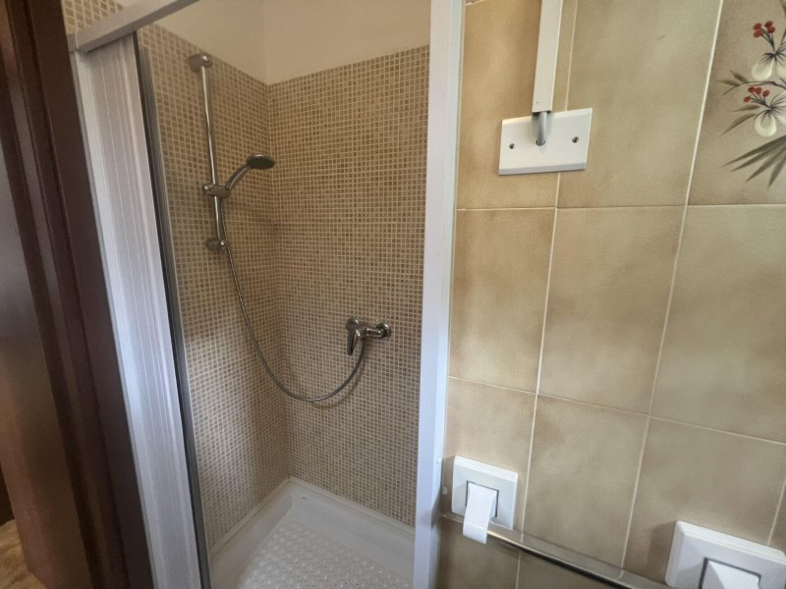 A shower area with a glass door, tiled walls, and a toilet paper holder.