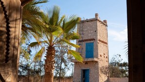A stone building with a blue door, surrounded by palm trees and a clear sky. - La Villa Sauvage (Ounagha)