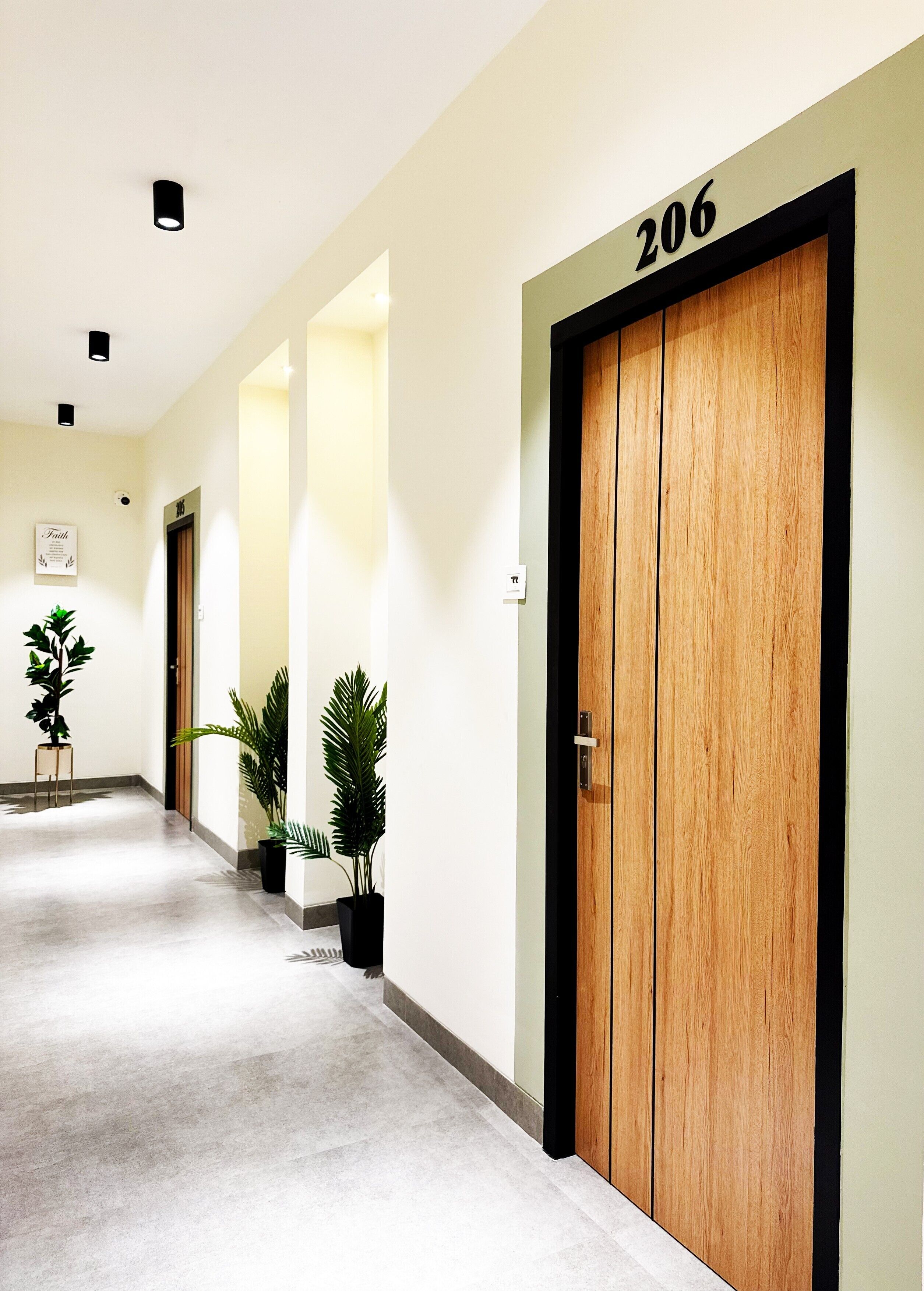 A hallway with a wooden door labeled '206,' potted plants, and a framed sign on the wall.