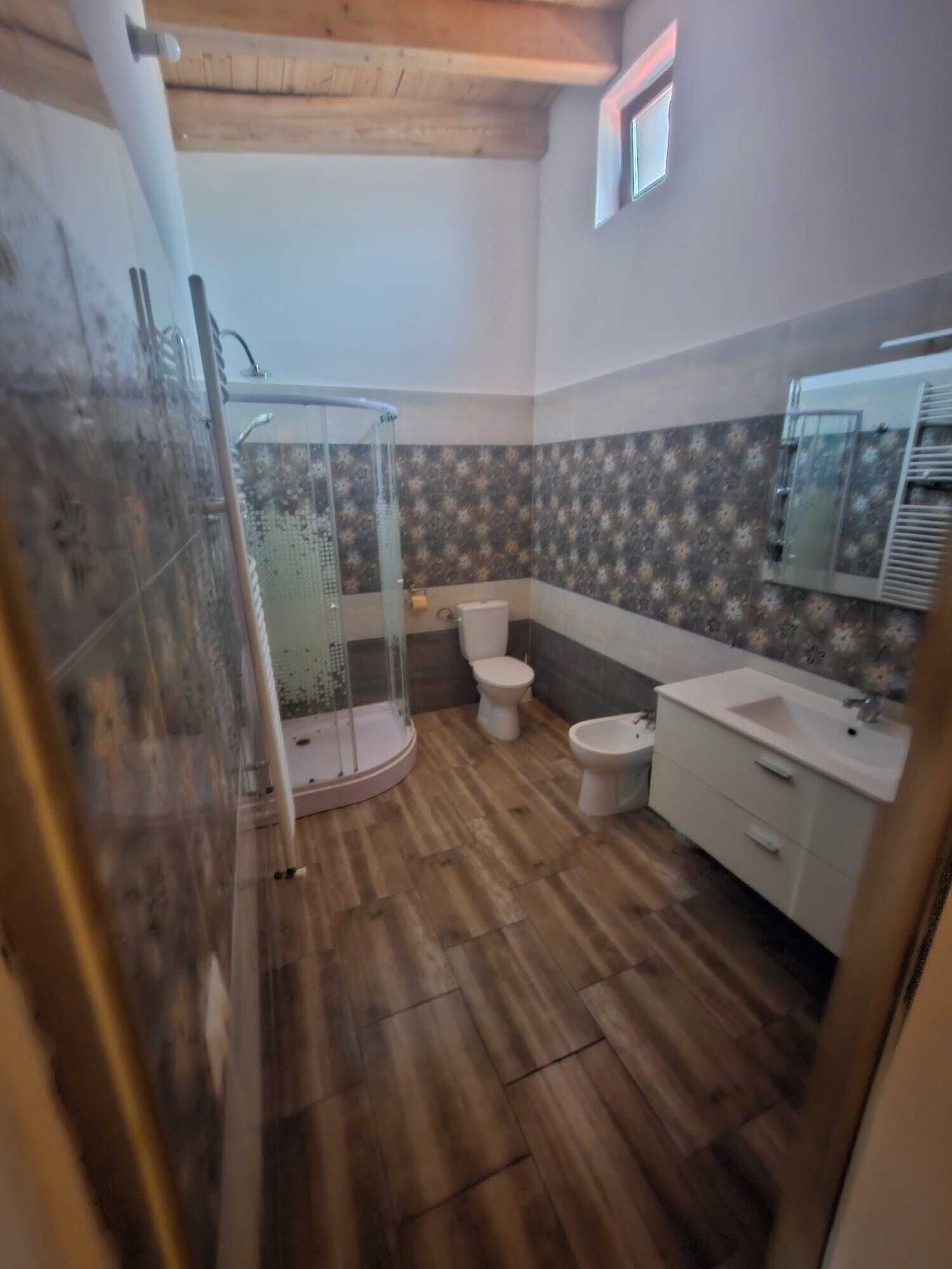 Shower, bidet, towels, toilet paper