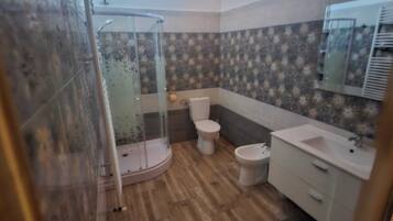 Shower, bidet, towels, toilet paper