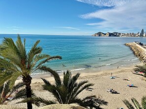 Uma praia com águas azul-claras, palmeiras e um horizonte urbano ao fundo.
